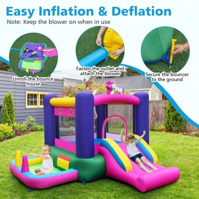 Inflatable Bounce House with Slide Splash Pool and Ring Tossing Games without Blower