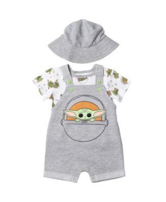 Baby Boys Yoda Short Overalls, French Terry T-Shirt and Bucket Sun Hat 3 Piece Outfit Set