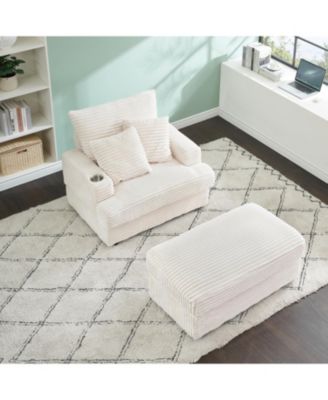 Corduroy Armchair & Ottoman Set with Cup Holder