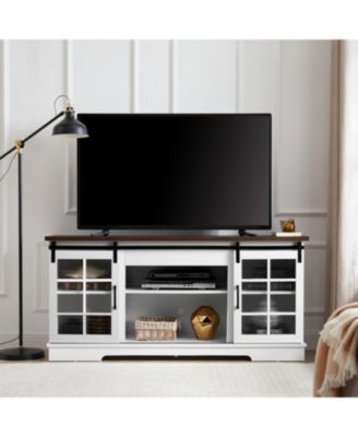 Sliding Door TV Cabinet with Glass Doors and Adjustable Shelves, 59"W x 15.9"D x 27.8"H