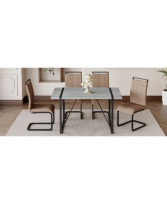 Streamdale Modern Grey Marble Table with Metal Frame and 4 Arched Brown Fabric Chairs