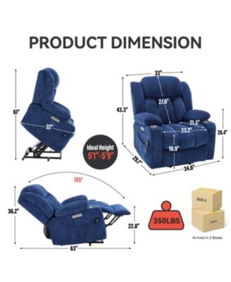 Streamdale 1 Pc. Blue Chenille Upholstered Power Lift 8-Point Massage Recliner with Lumbar Heat, USB Ports & Stainless Steel Cup Holders Chair