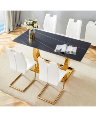 Streamdale Sintered Stone Dining Set 63" Table & 4 White/Gold Chairs