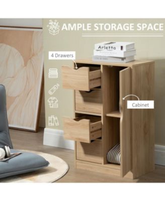 Freestanding Storage Cabinet, Bathroom Floor Cabinet with 4 Drawers and Door, Oak