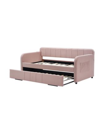 Twin Daybed Frame with Trundle, Sofa Bed, Wood Slat Support, Pink