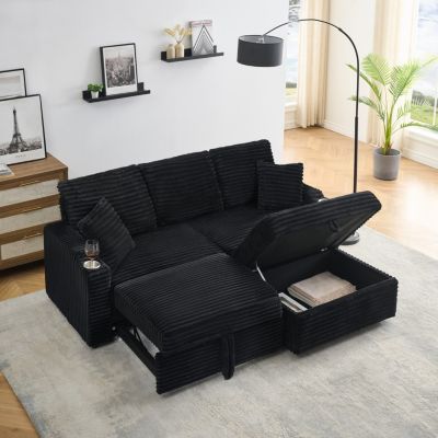 Streamdale 80" Foldable Chaise with Storage and Cup Holders (Corduroy, Black)