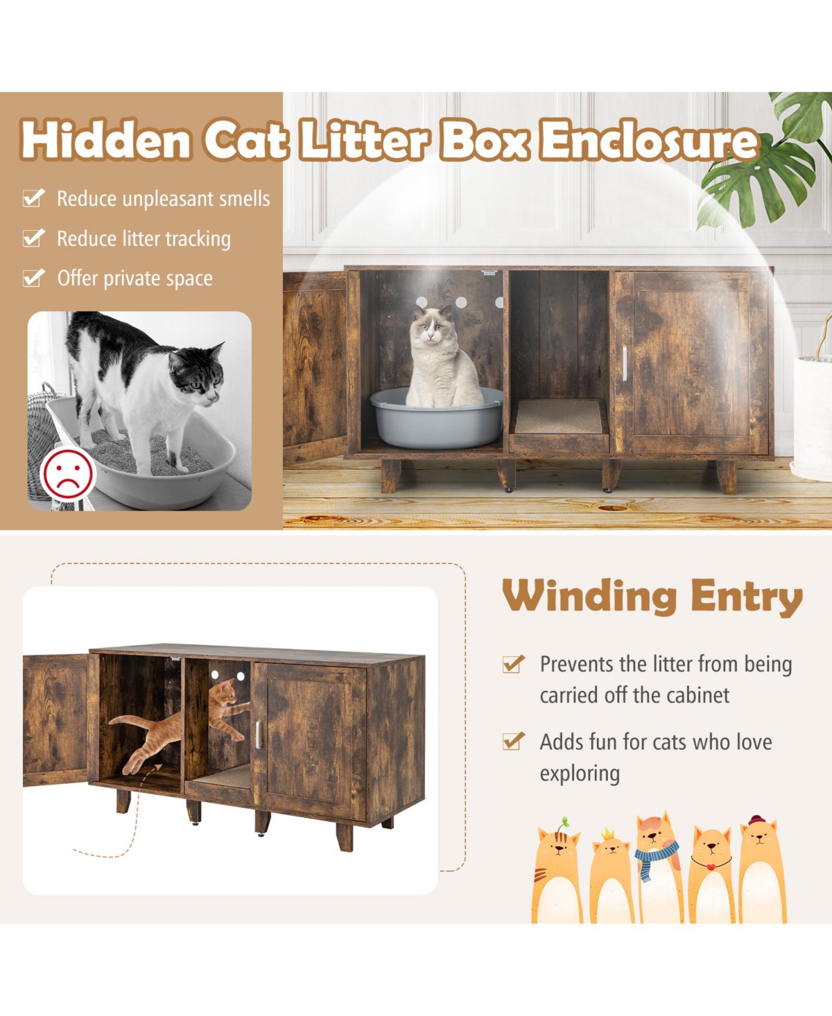 2-Door Cat Litter Box Enclosure with Winding Entry and Scratching Board