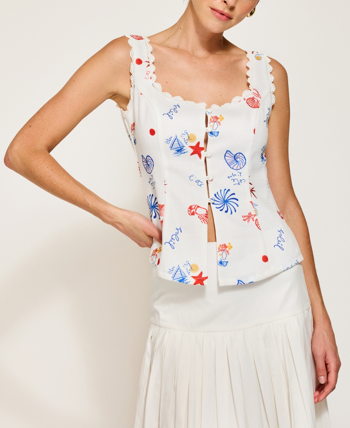 Line & Dot Women's Reeta Square-neck Top Button-front Top In White