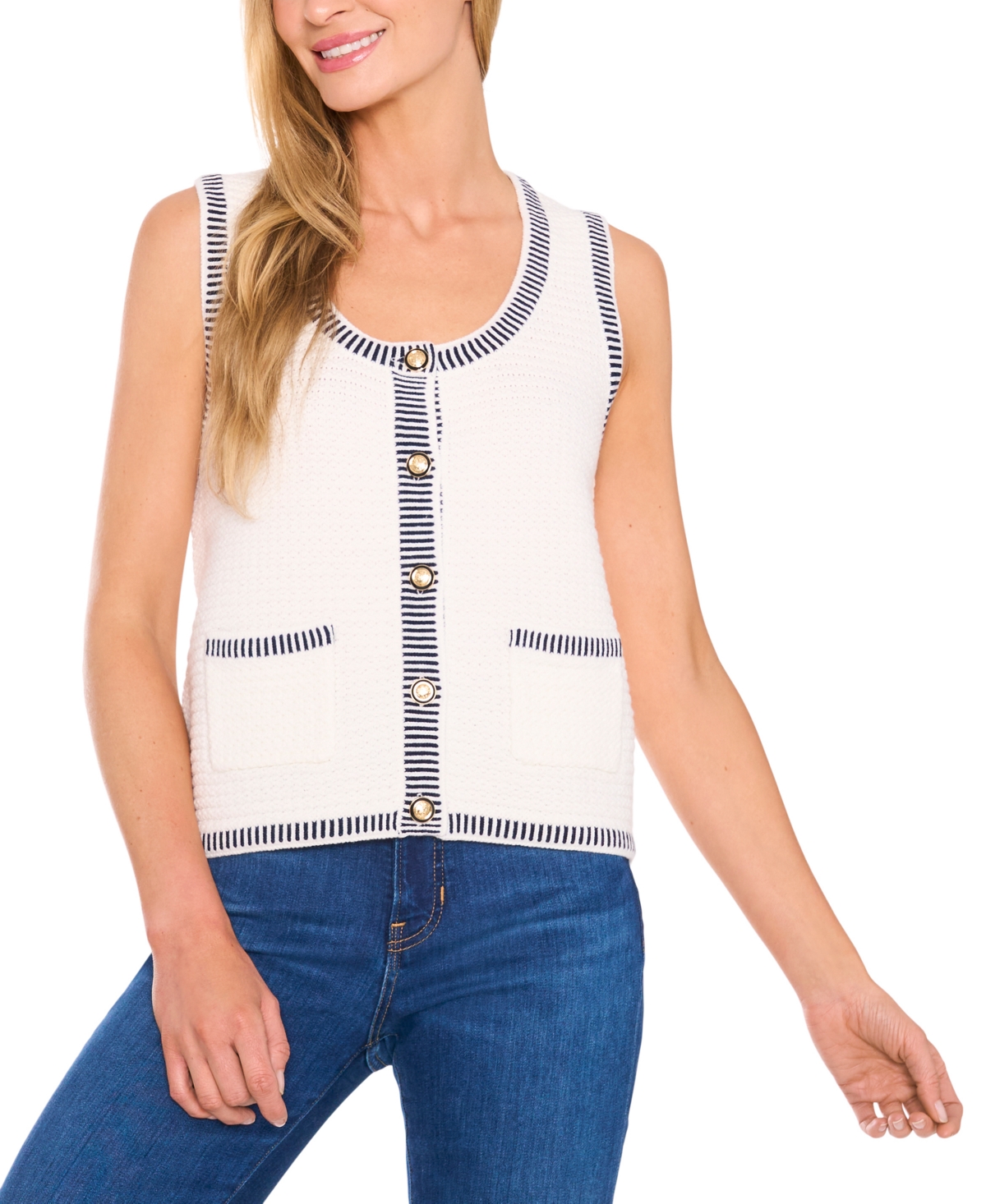 Women's Sleeveless Striped-Edge Sweater Vest - Classic Navy