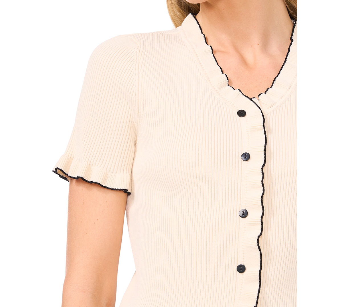 Cece Women's Contrast-trim Ruffled-edge Short-sleeve Cardigan In Gray