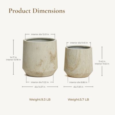 2-Piece Marble Off-White Ribbed Texture MgO Planter Set, Indoor and Outdoor