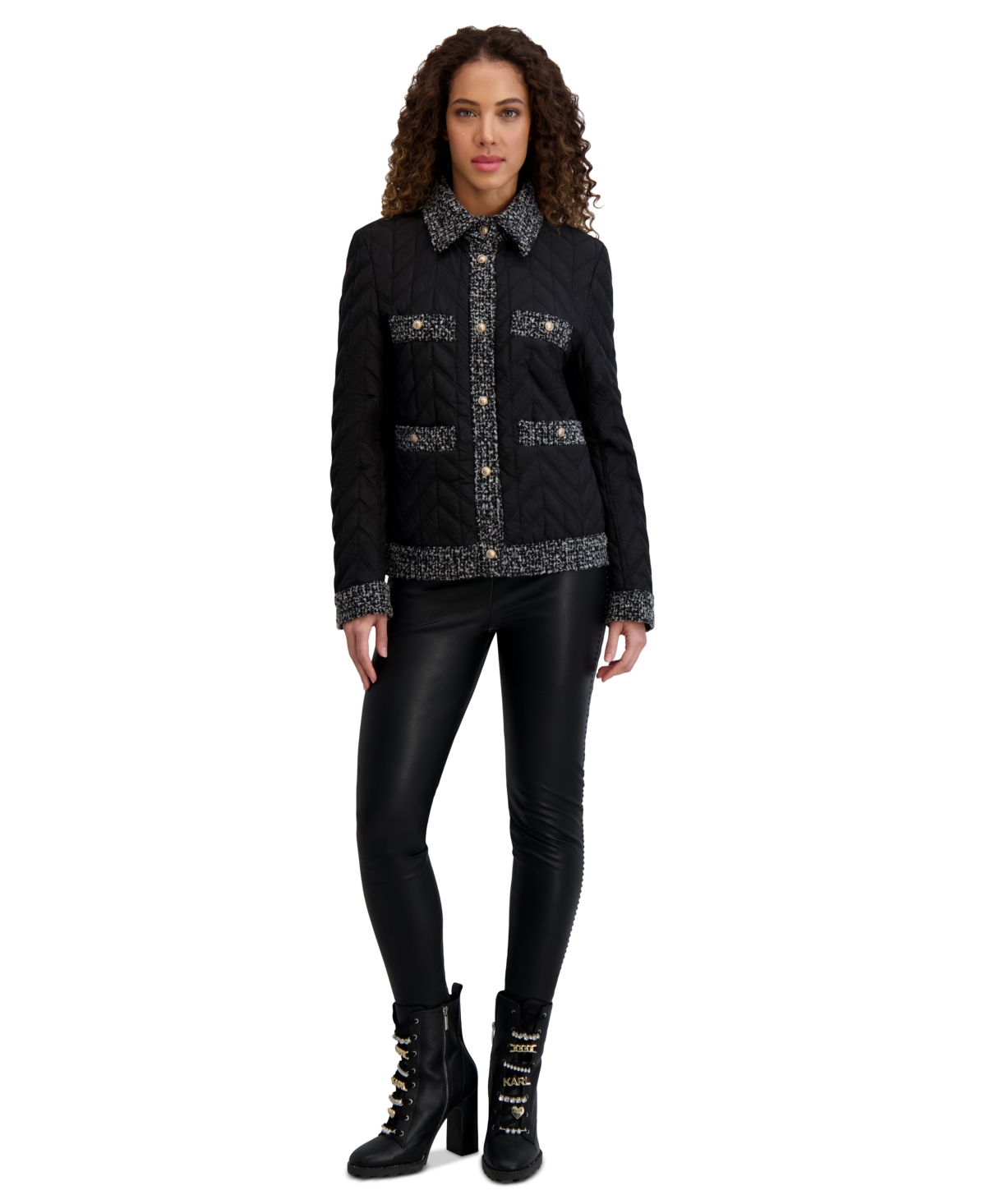 Karl Lagerfeld Women's Quilted Tweed-trim Coat In Black