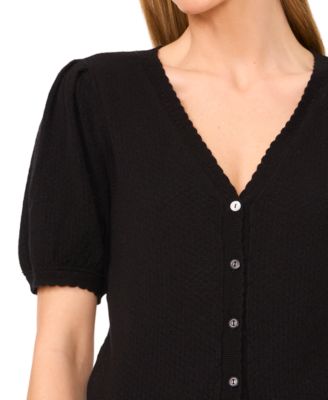 Women's Pointelle-Stitch Short-Sleeve V-Neck Cardigan
