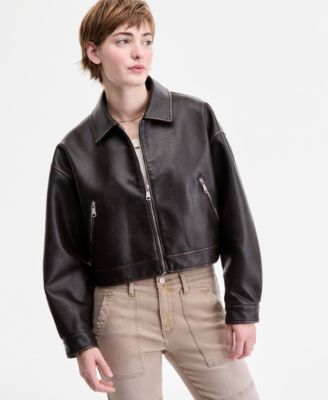 Sebby - Juniors' Faux-Leather Vintage-Wash Bomber Jacket
