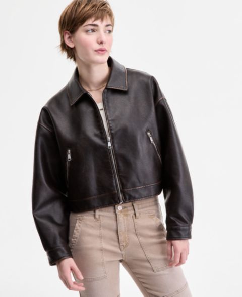 Женские куртки Sebby Faux-Leather Vintage-Wash Bomber Jacket