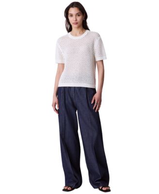 Women's Cotton Open-Stitch Short-Sleeve Sweater