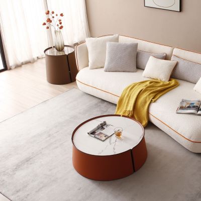 Streamdale 31.5" Coffee Table, Marble Top+Orange Saddle Leather Body+Iron Frame