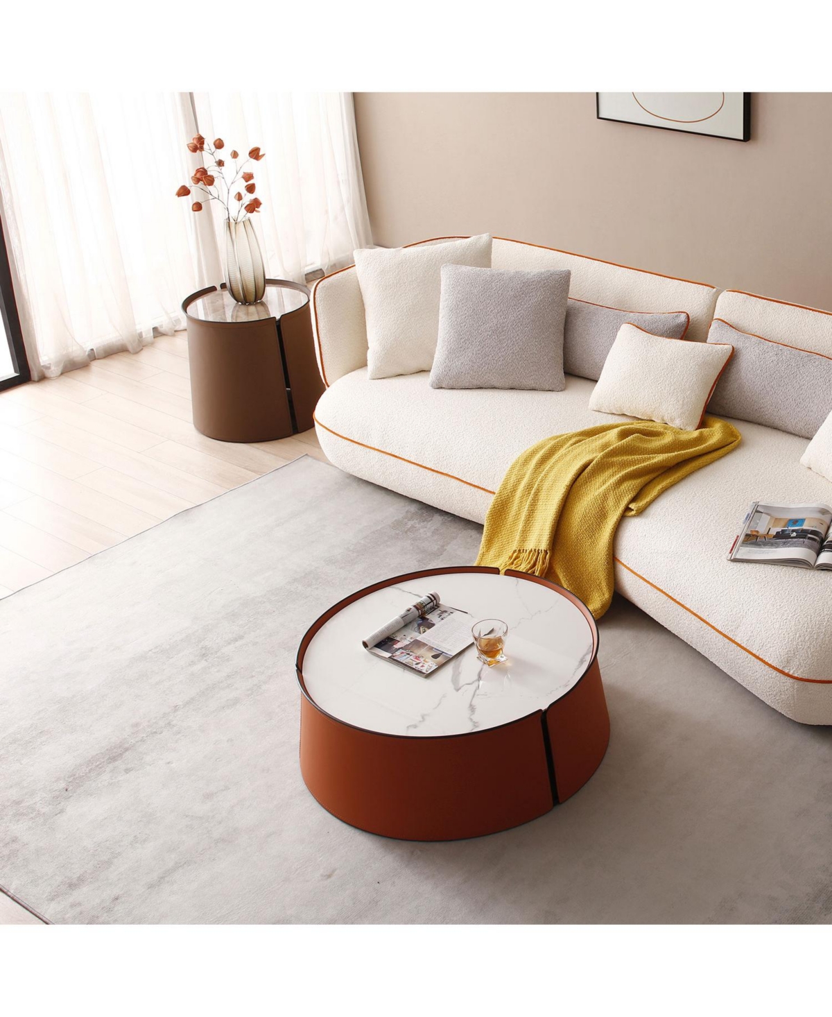 Streamdale 31.5" Coffee Table, Marble Top+Orange Saddle Leather Body+Iron Frame