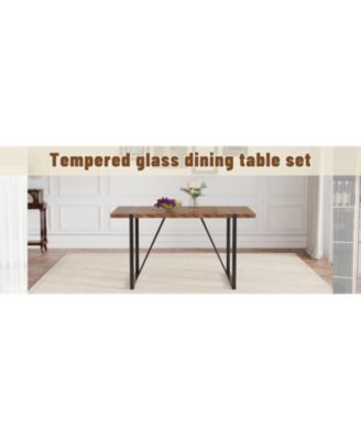 1Pc MDF & Metal Legs, Fishbone Textured Top, Retro Style Rectangular Dining Table