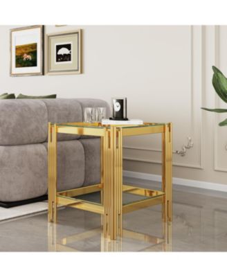 Top and Bottom Double Layer Tempered Glass End Table and Mirror Finished Stainless Steel Frame