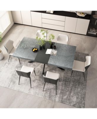 Retro Stretch Dining Table with Storage Box, Stone Top