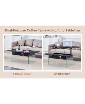 Multifunctional Lift Top Coffee Table with Tempered Glass Legs in Black Marble Pattern