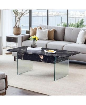Multifunctional Lift Top Coffee Table with Tempered Glass Legs in Black Marble Pattern