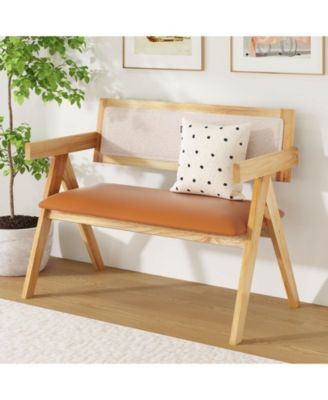 Rubber Wood Dining Bench with Armrest Sherpa Upholstered Backrest and Soft-padded Seat-Natural