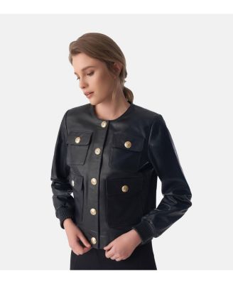 Women's Collarless Stunning Studs Closure Leather Jacket, Black