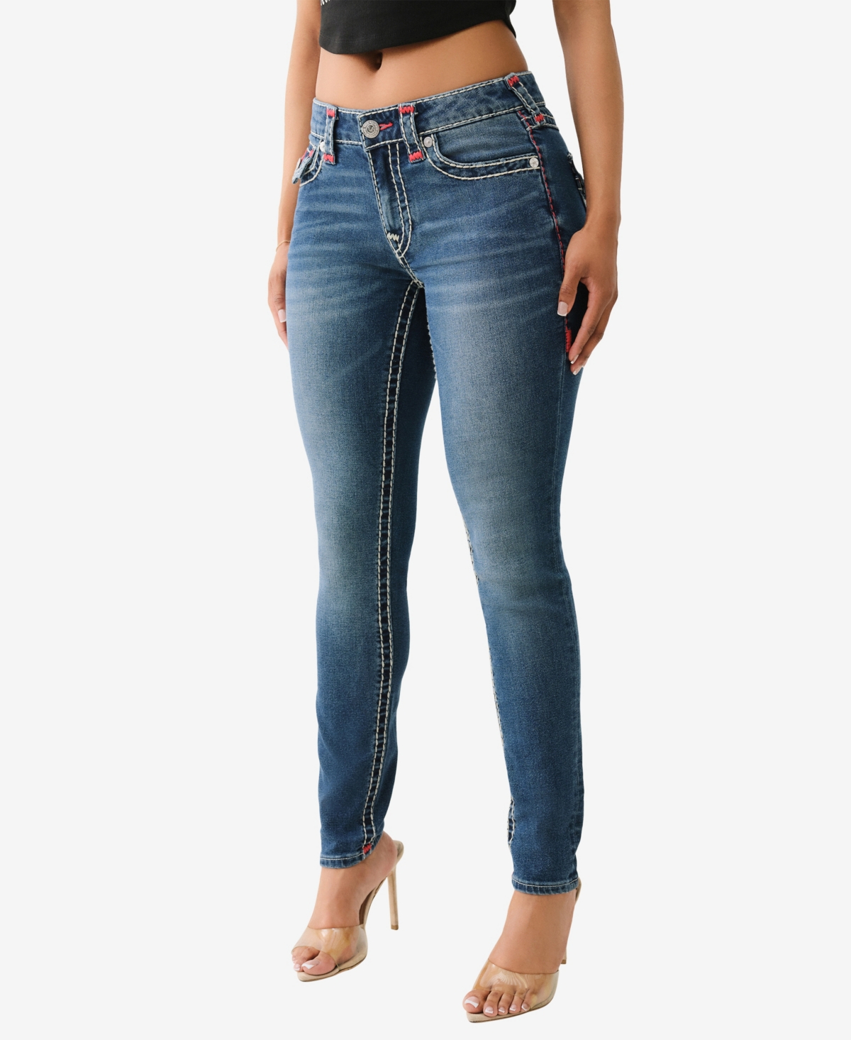 TRUE RELIGION WOMEN'S JENNIE SUPER T FLAP SKINNY ZIPPER JEANS 