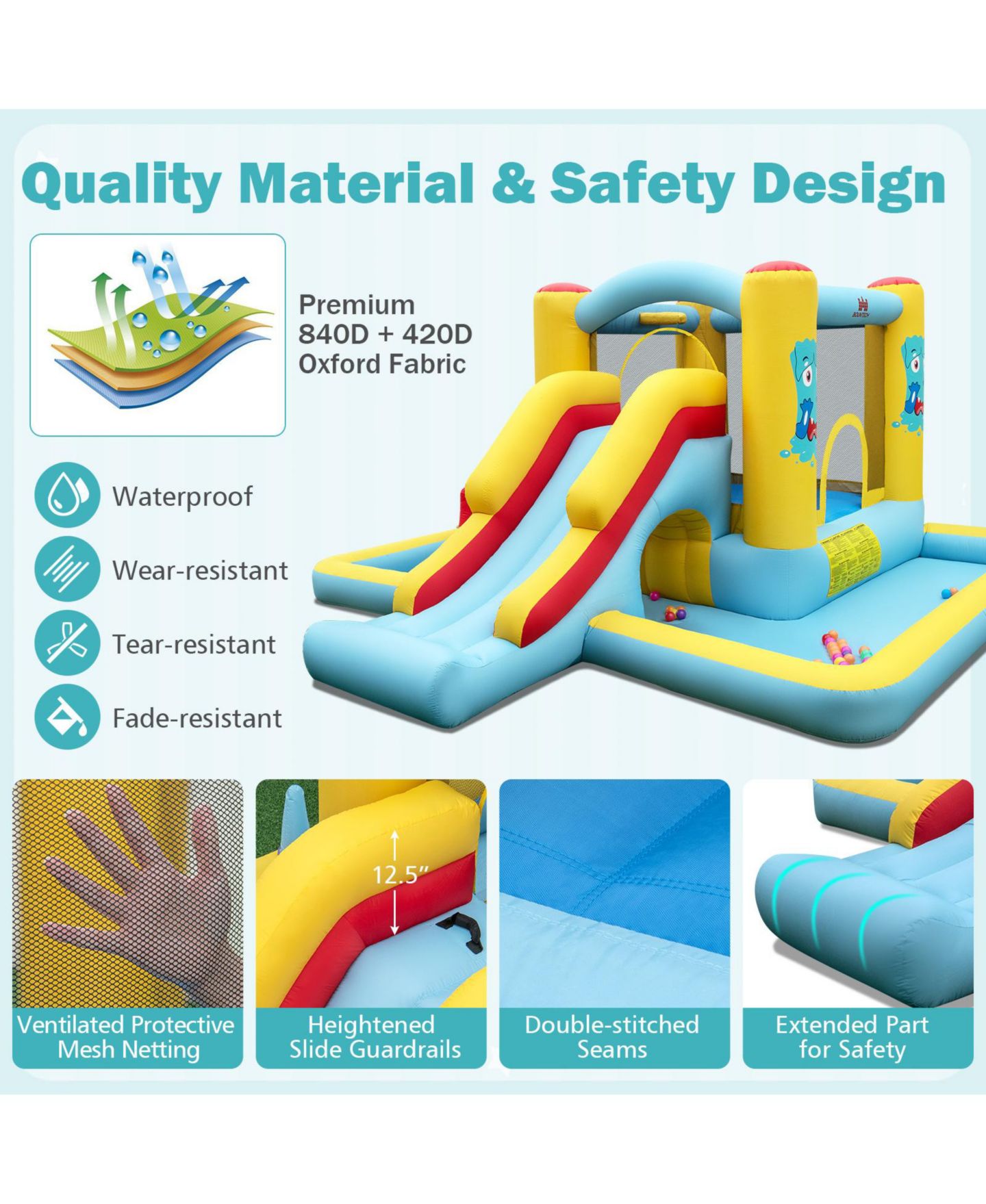 Детская игрушка GOUUN 7-in-1 Bouncy Castle with Slide and Tunnel, 200 lbs Capacity, Ages 3+, цвет: Синий — фото 6
