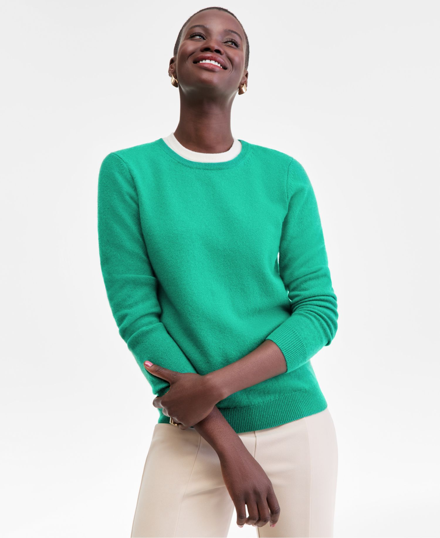 100% Cashmere Women's Petite Long-Sleeve Crewneck Sweater
