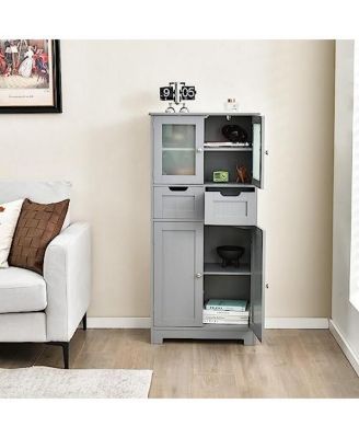 4 Door Freestanding Bathroom Floor Storage Cabinet with 2 Drawers and Glass Doors