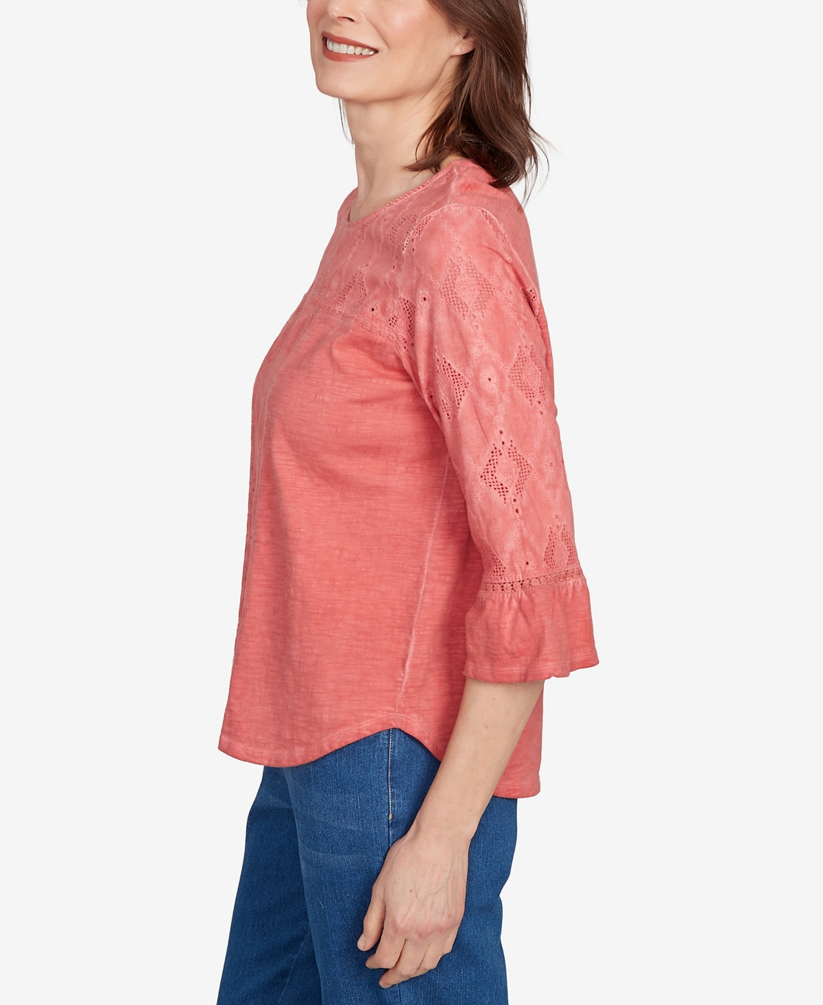 Alfred Dunner Petite El Paso Diamond Textured Spliced Bell Sleeve Top In Pink
