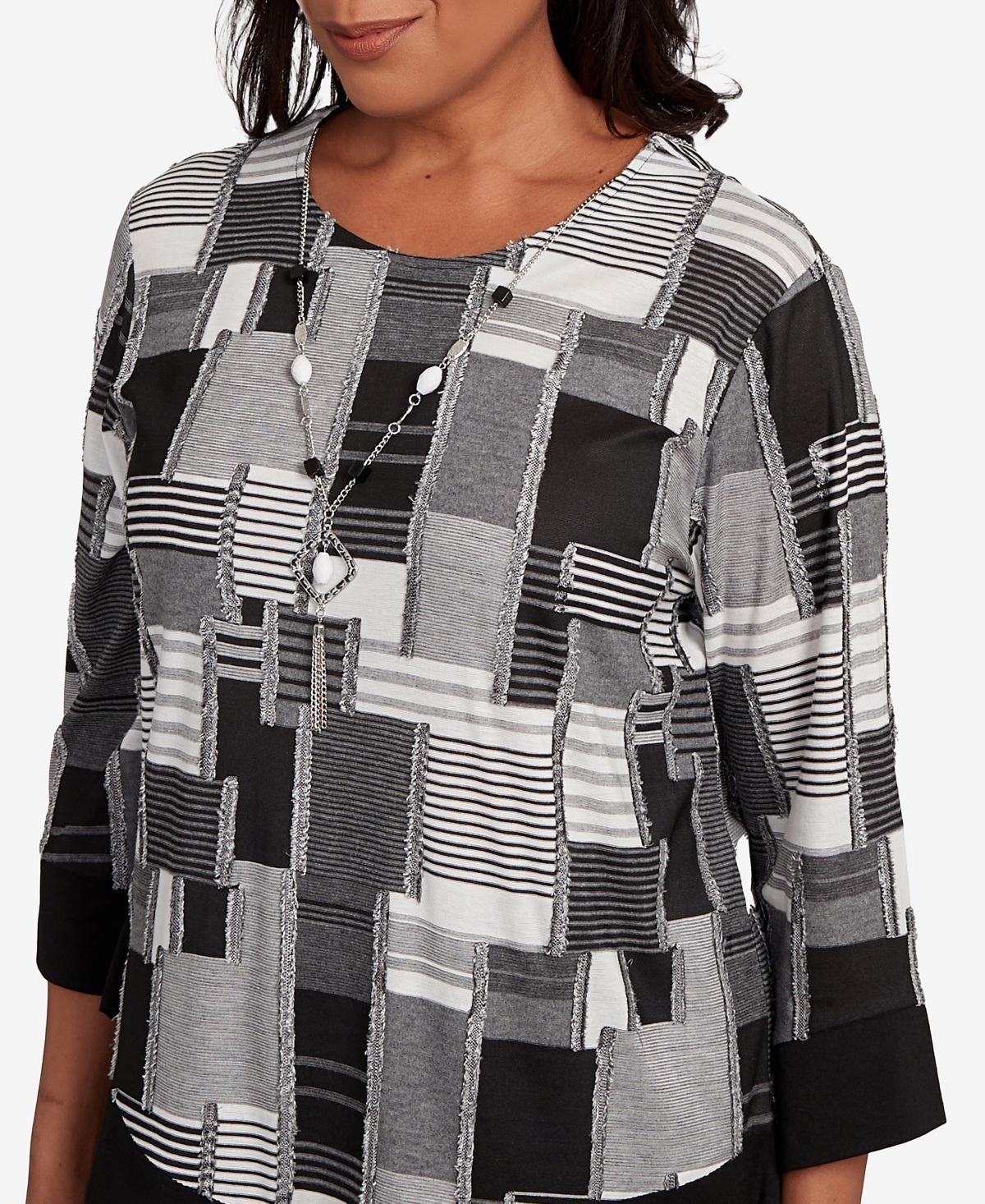 Alfred Dunner Petite Santa Barbara Patchwork Solid Black Trim Top