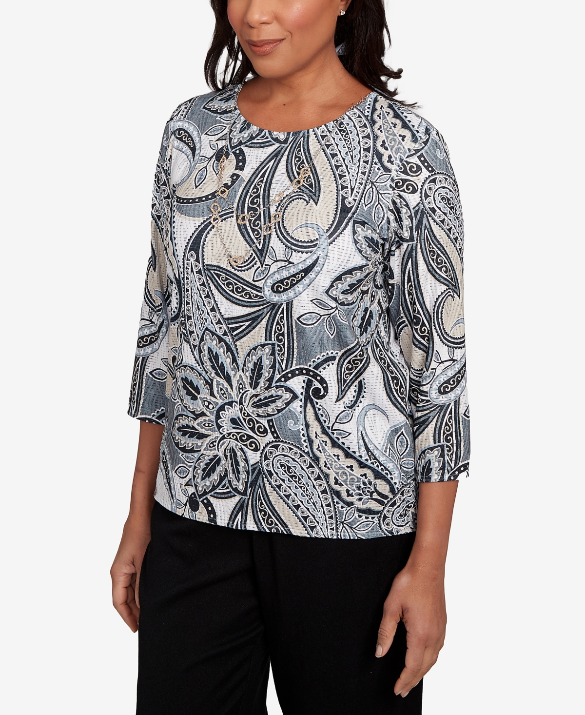 Alfred Dunner Petite Santa Barbara Reversible Paisley Crew Neck Top With Necklace In Multi