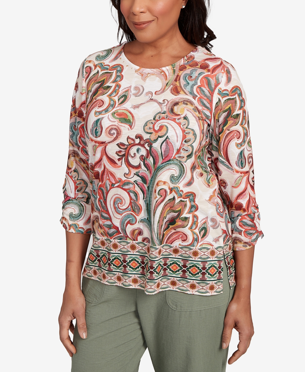 Alfred Dunner Petite Copper Canyon Textured Scroll Border Ruched Sleeves Crew Neck Top In Multi