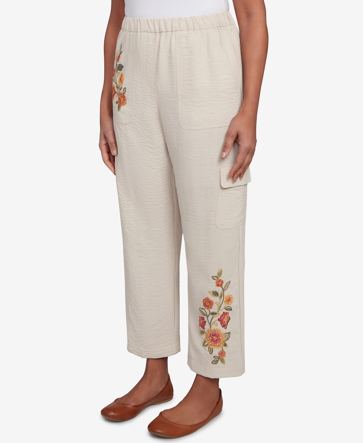 Alfred Dunner Petite Copper Canyon Floral Embroidered Ankle Pants In Neutral
