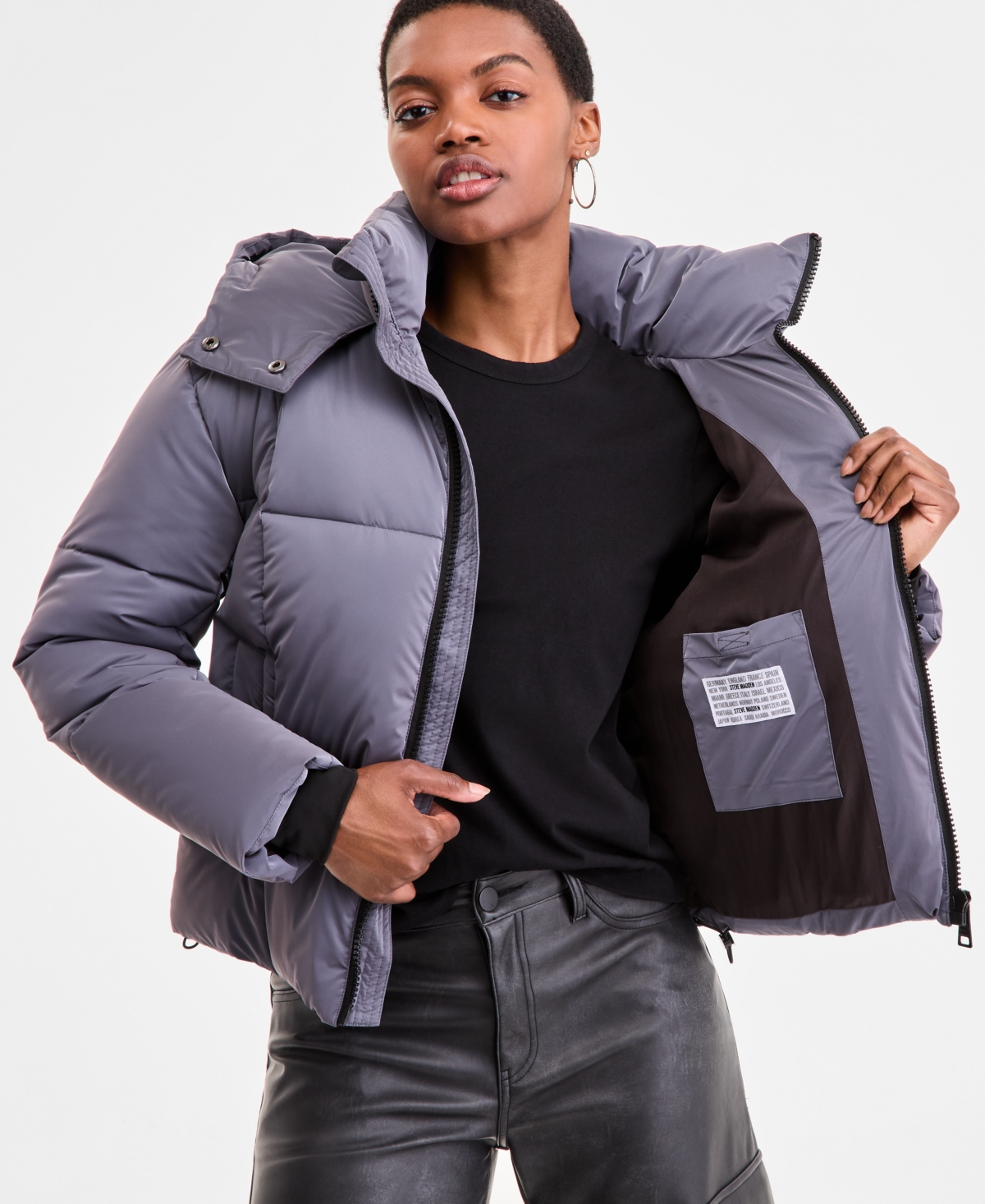 Steve Madden Women's Cropped Hooded Puffer Coat In Purple