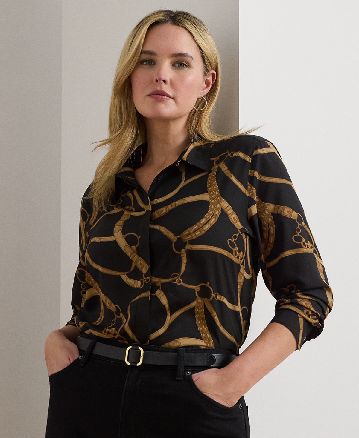 Plus Size Classic-Fit Belting-Print Crepe Shirt - Black Tan
