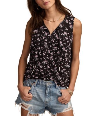 Lucky Brand - Women's Printed Cotton Tie-Neck Lace-Trim Top