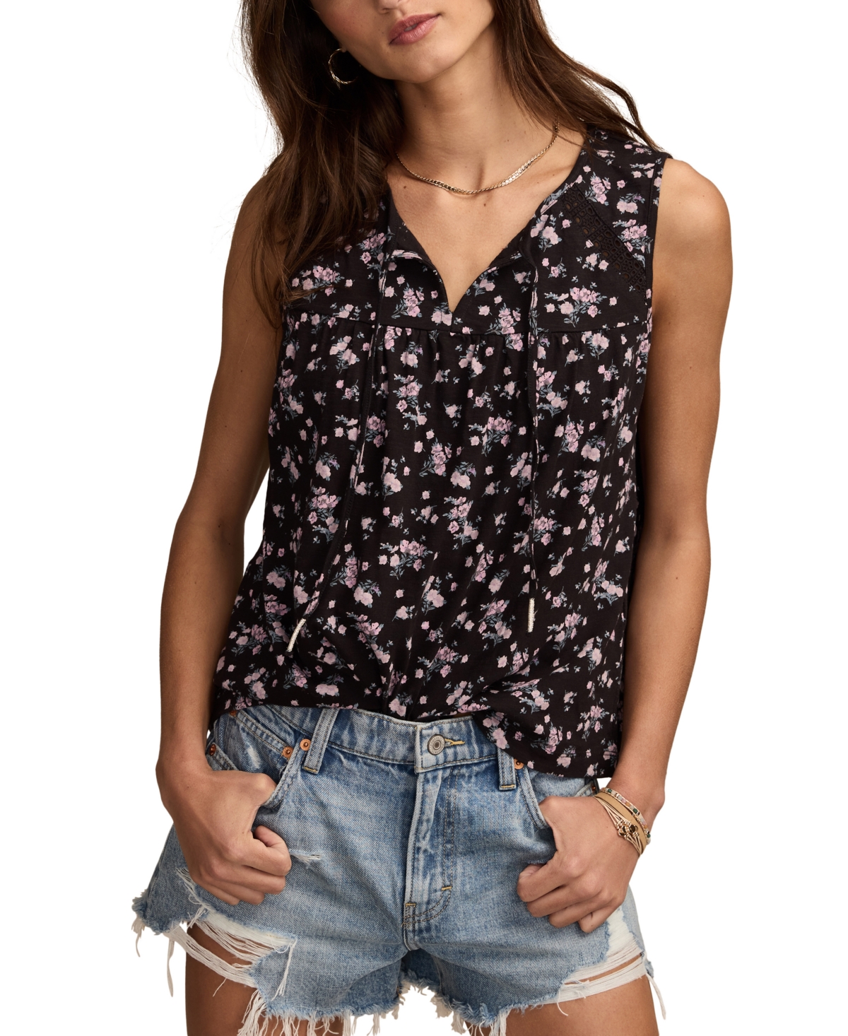 Women's Printed Cotton Tie-Neck Lace-Trim Top - Black Multi