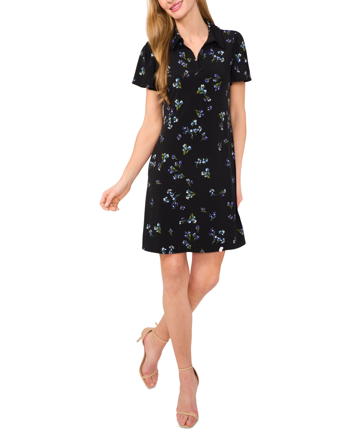 Women's Short-Sleeve Floral-Print Polo Dress - Rich Black