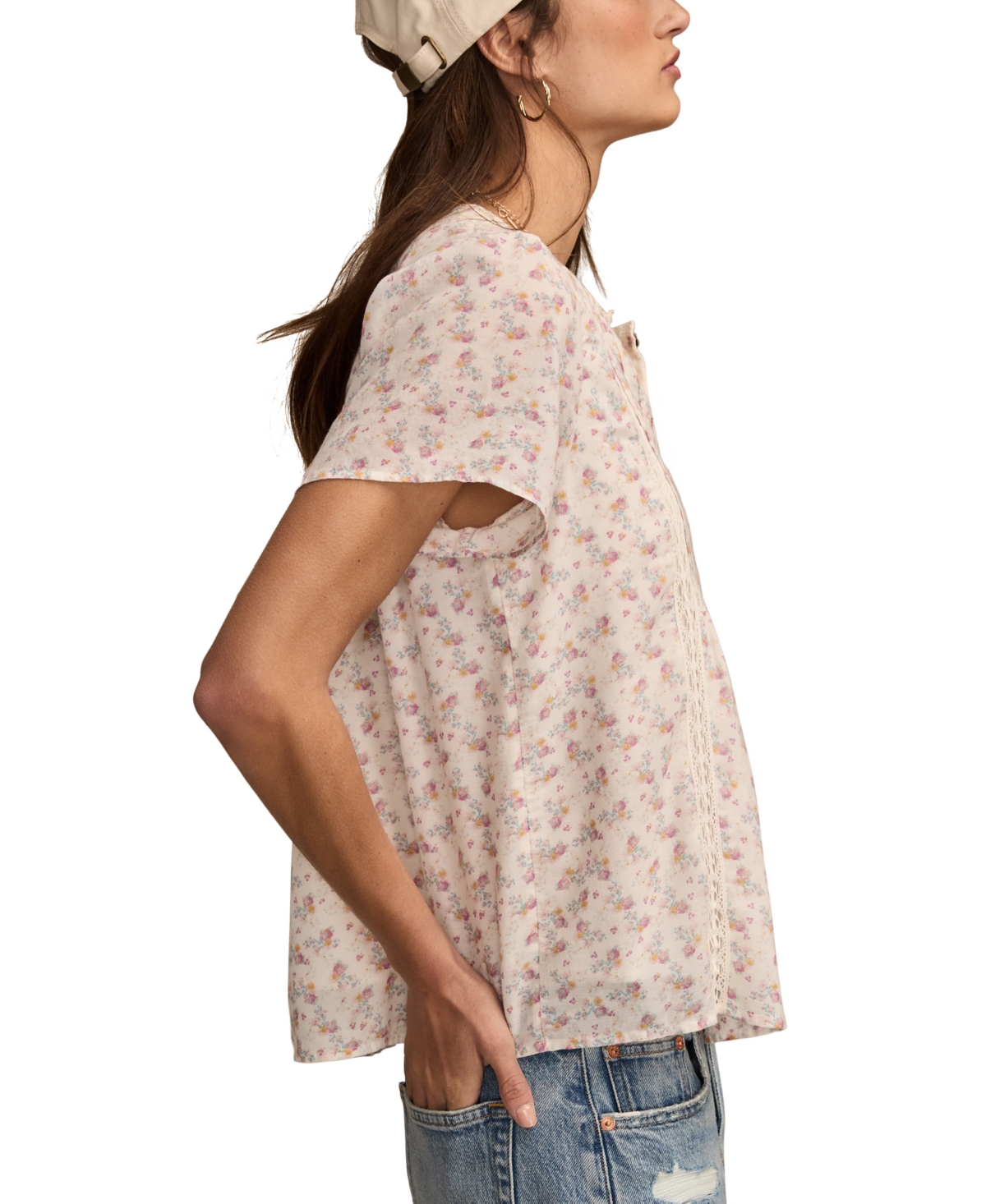 Lucky Brand Pintuck Lace Trim Cotton Peasant Top