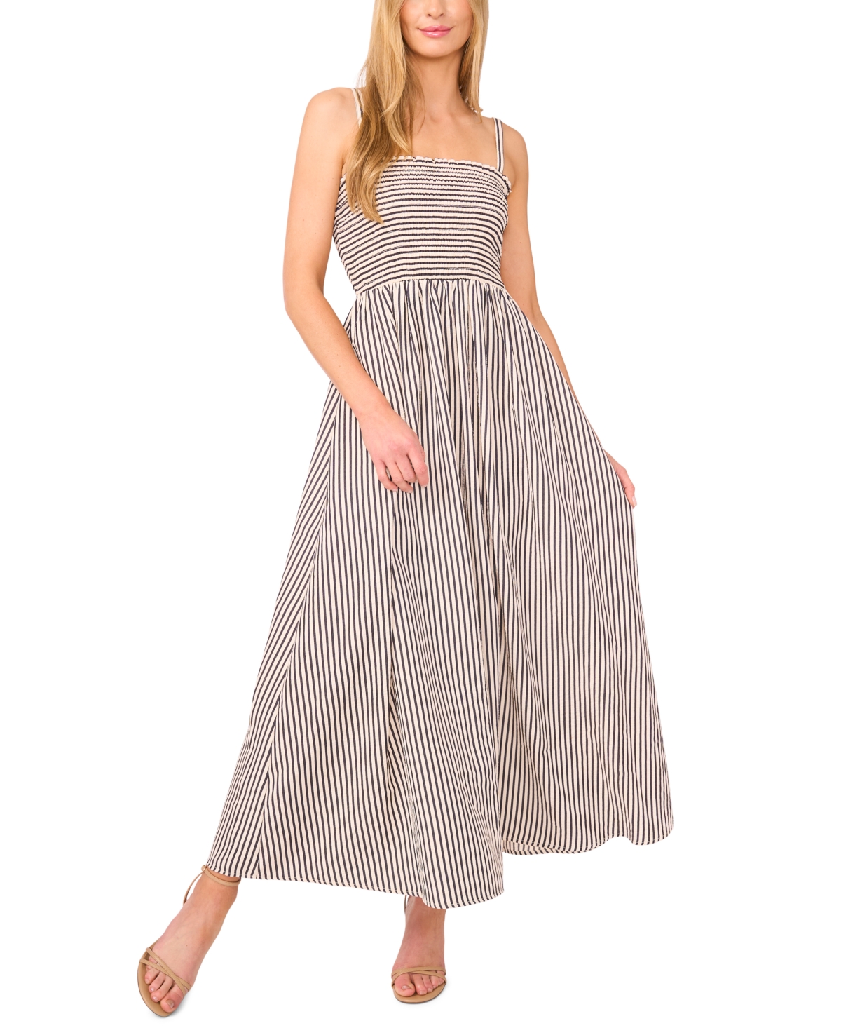 Women's Striped Smocked Tie Strap Maxi Dress - Classic Navy