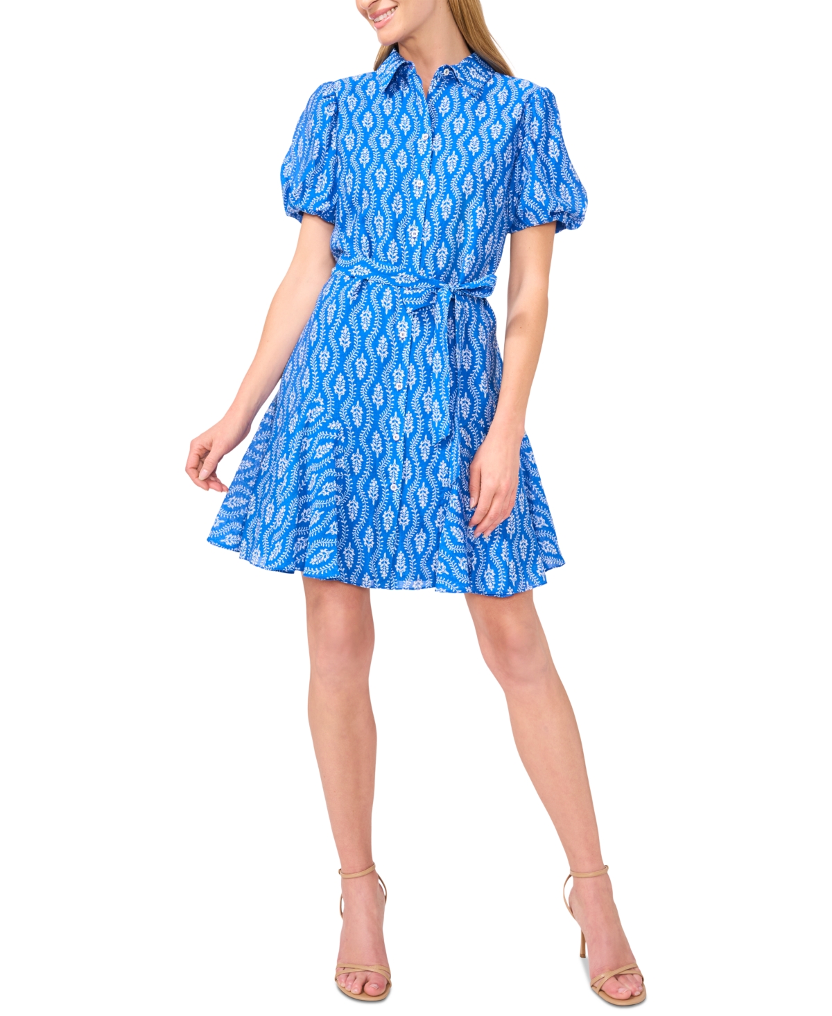 Women's Flowy Tie Waist Shirt Dress - Blue Jay