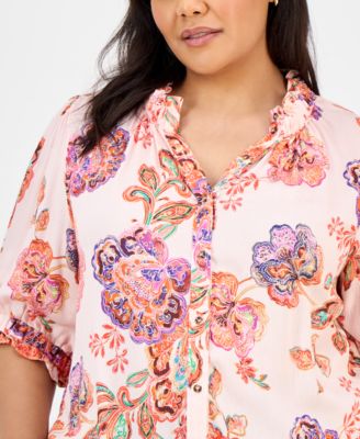 Trendy Plus Size Floral-Print Ruffle-Trim Blouse