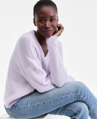 Women's 100% Cashmere Placed Cable-Knit V-Neck Sweater, Macy's Exclusive