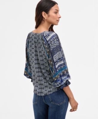 Women's Printed Balloon-Sleeve Button-Front Blouse