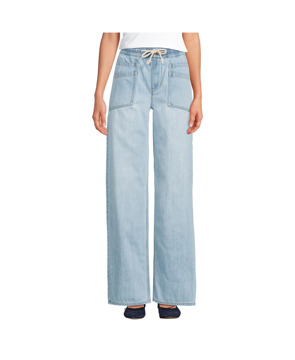 Women's Lightweight Denim High Rise Relaxed Straight Pull On Pocket Jeans - Breeze blue wash